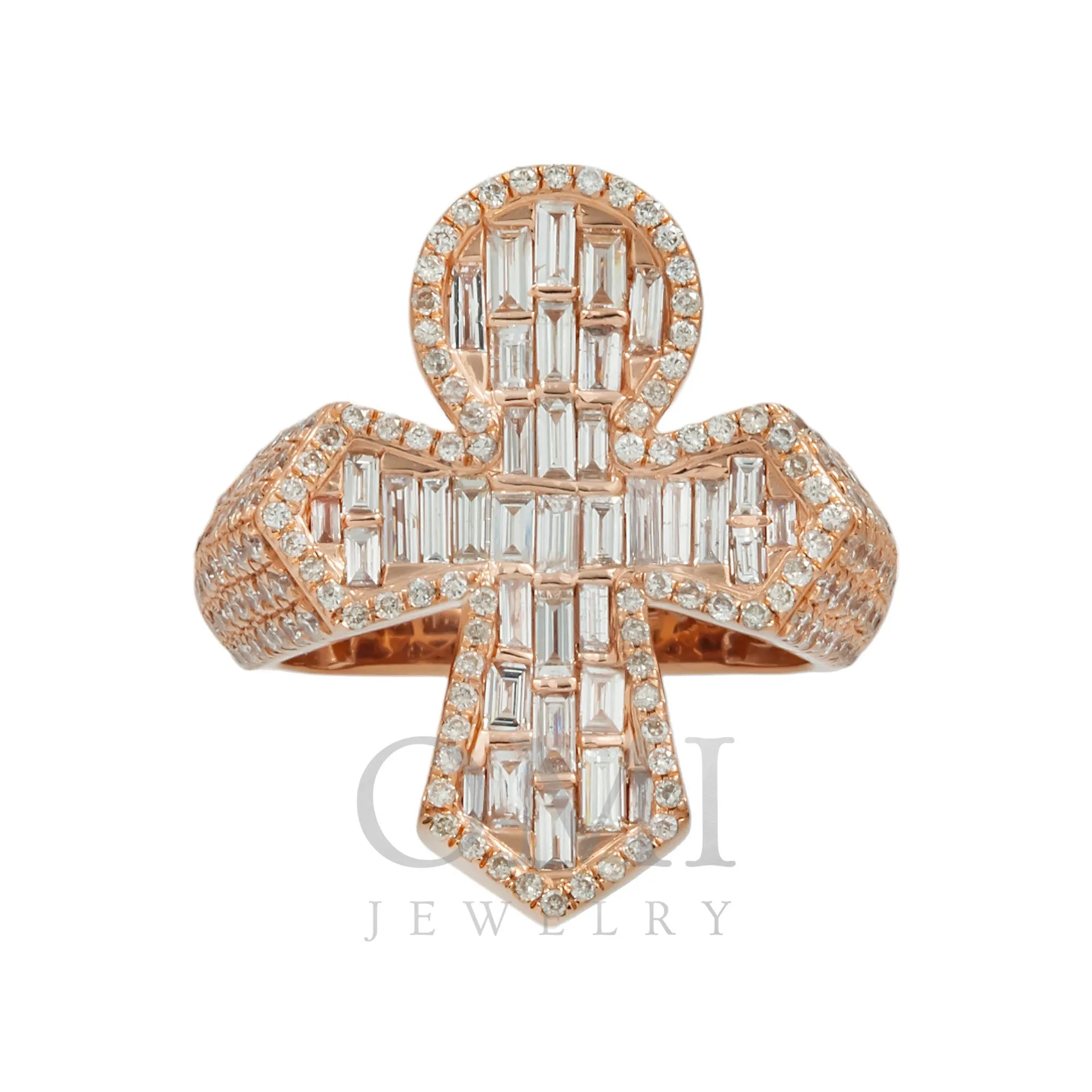 10K GOLD BAGUETTE AND ROUND DIAMOND ANKH RING 3.00 CT