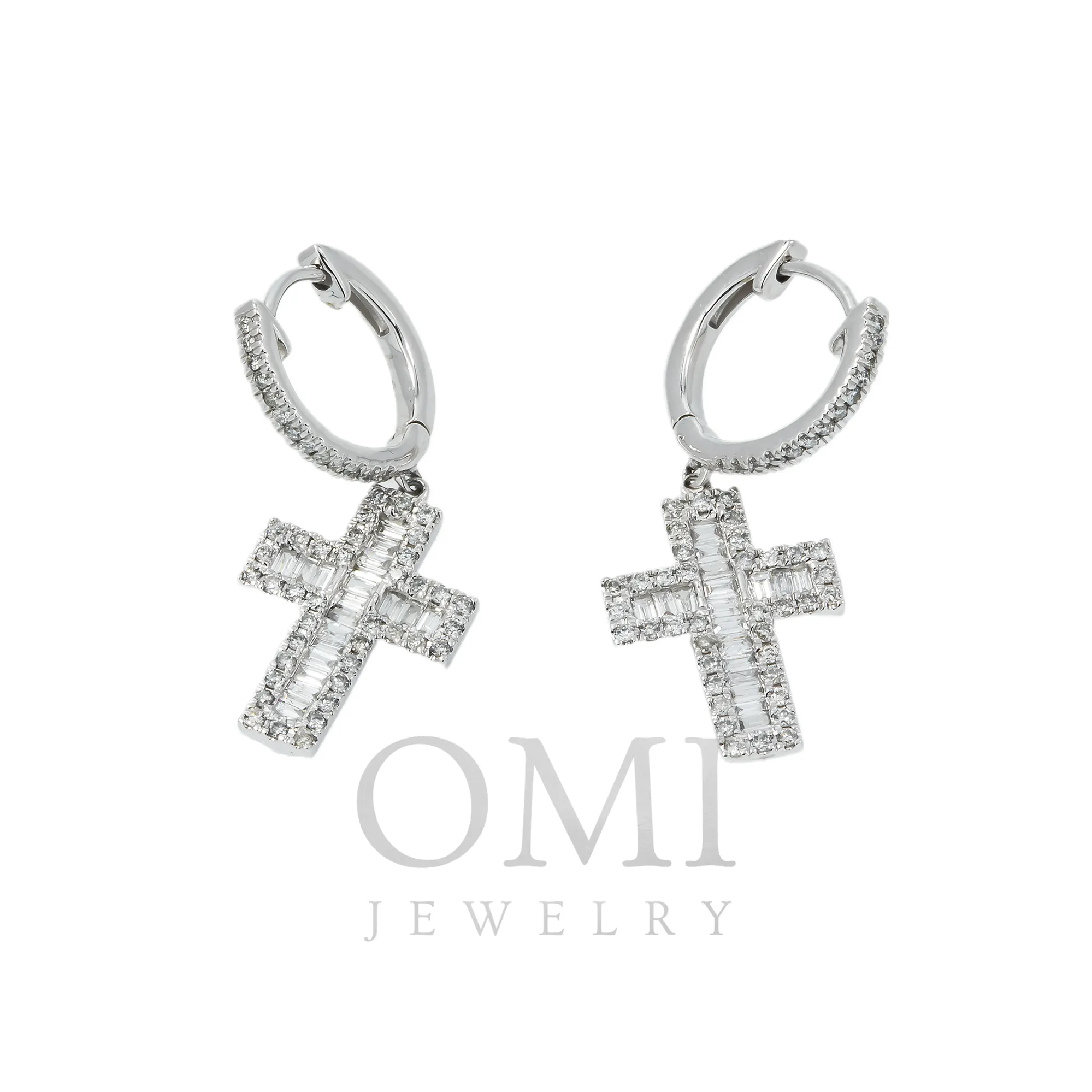 10K GOLD BAGUETTE AND ROUND DIAMOND CROSS HOOP EARRINGS 1.10 CTW