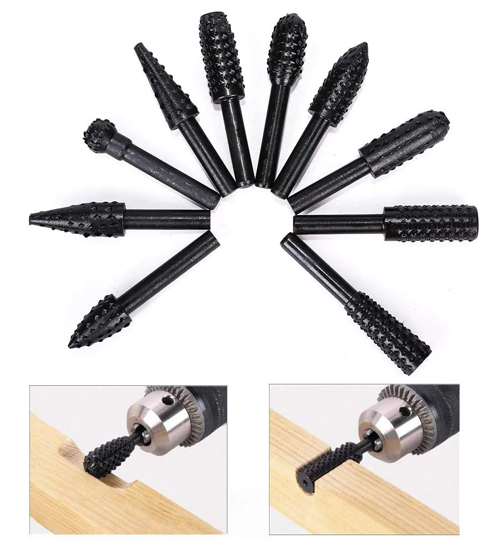 10PCS Woodworking Twist Drill Bits, Wood Carving File Rasp Drill Bits 6.3Mm(1/4") Shank Electrical Tools Woodworking Rasp Chisel Shaped Rotating