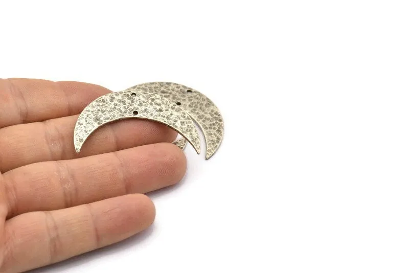 Antique Silver Hammered Moon Pendant, 2 Antique Silver Plated Brass Hammered Moons with 2 Holes (44x12mm) N0389 H0039