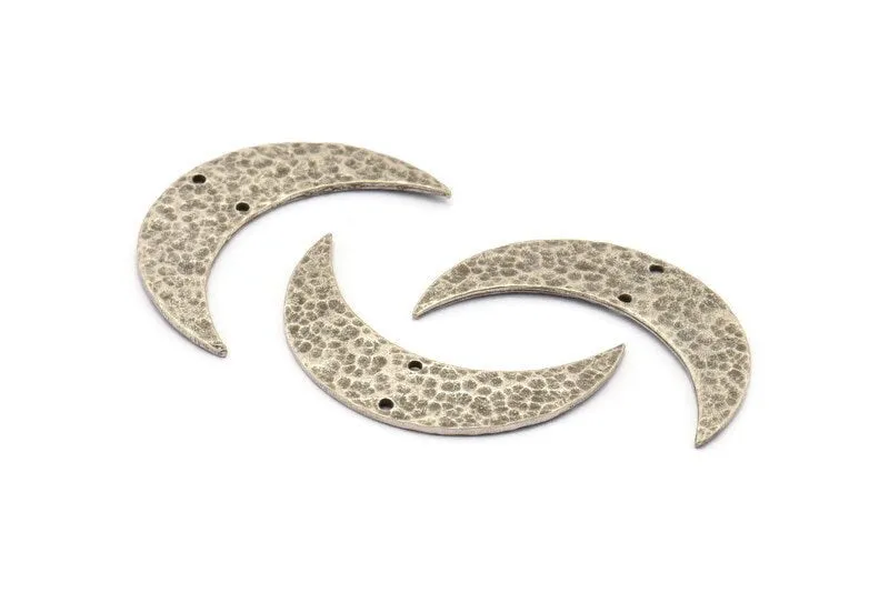 Antique Silver Hammered Moon Pendant, 2 Antique Silver Plated Brass Hammered Moons with 2 Holes (44x12mm) N0389 H0039
