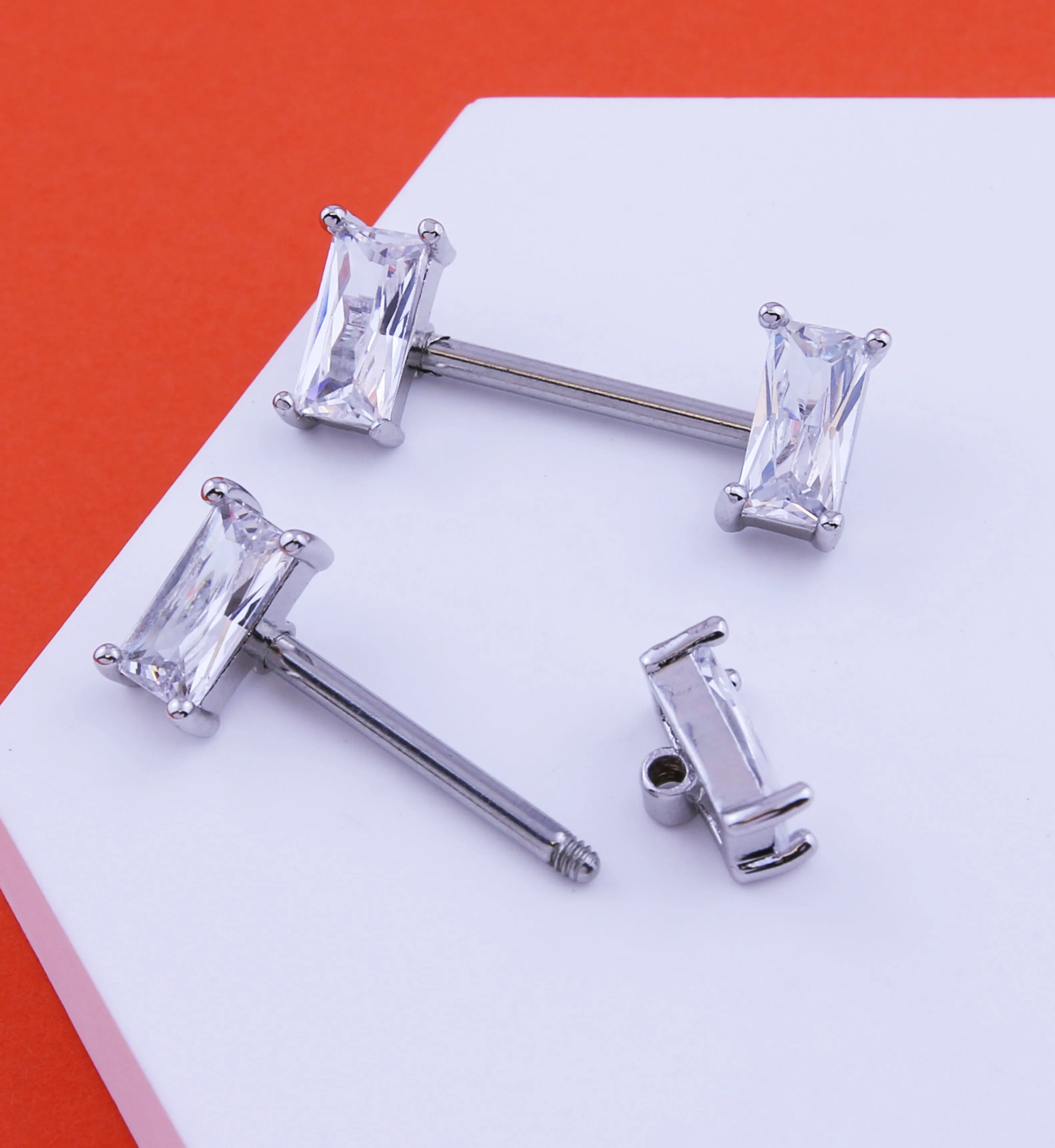 Baguette Clear CZ Stainless Steel Nipple Barbell