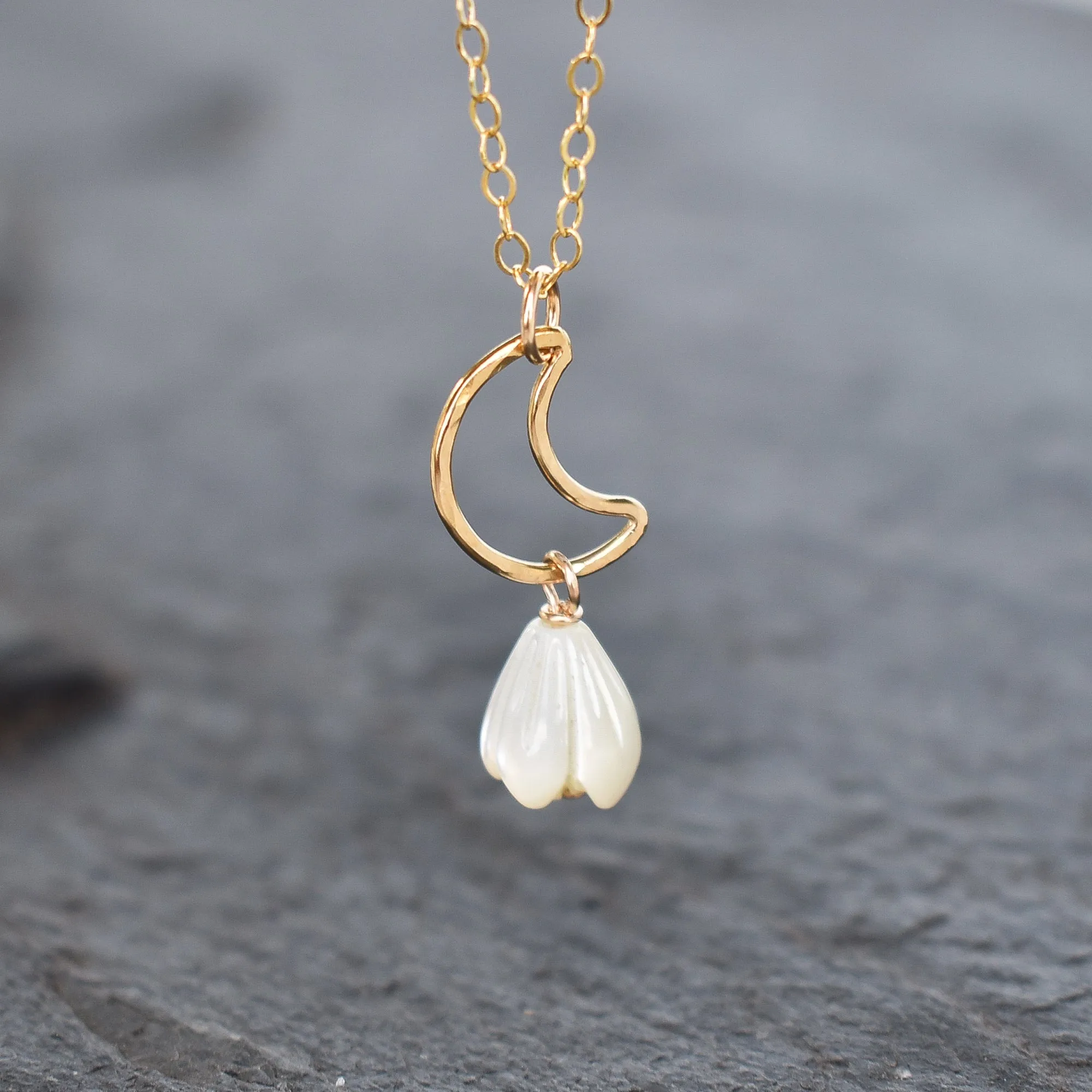 Crescent Moon Necklace with Small Pikake