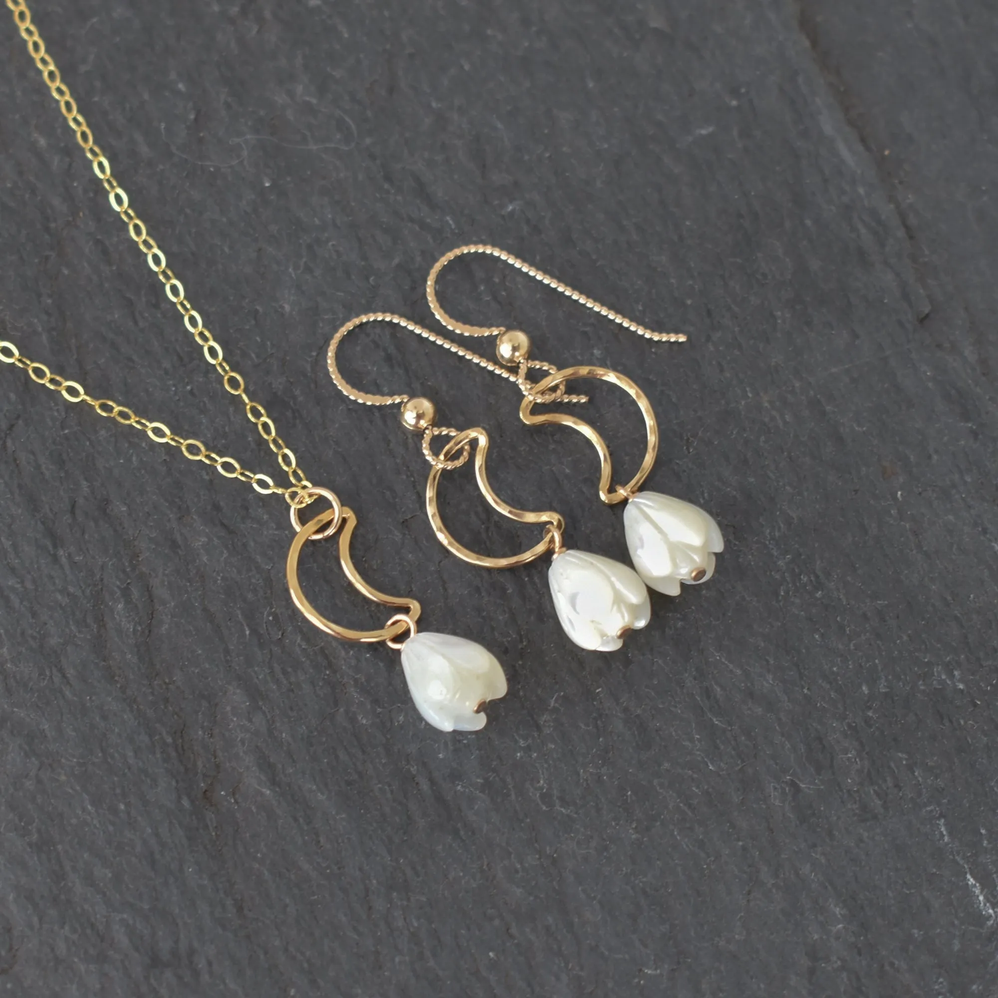 Crescent Moon Necklace with Small Pikake