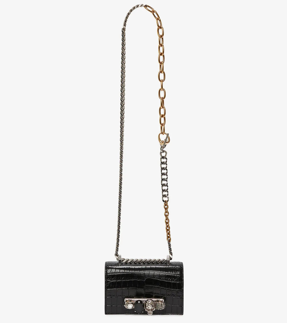 Jewelled Knuckle Satchel Mini, Croc, Black