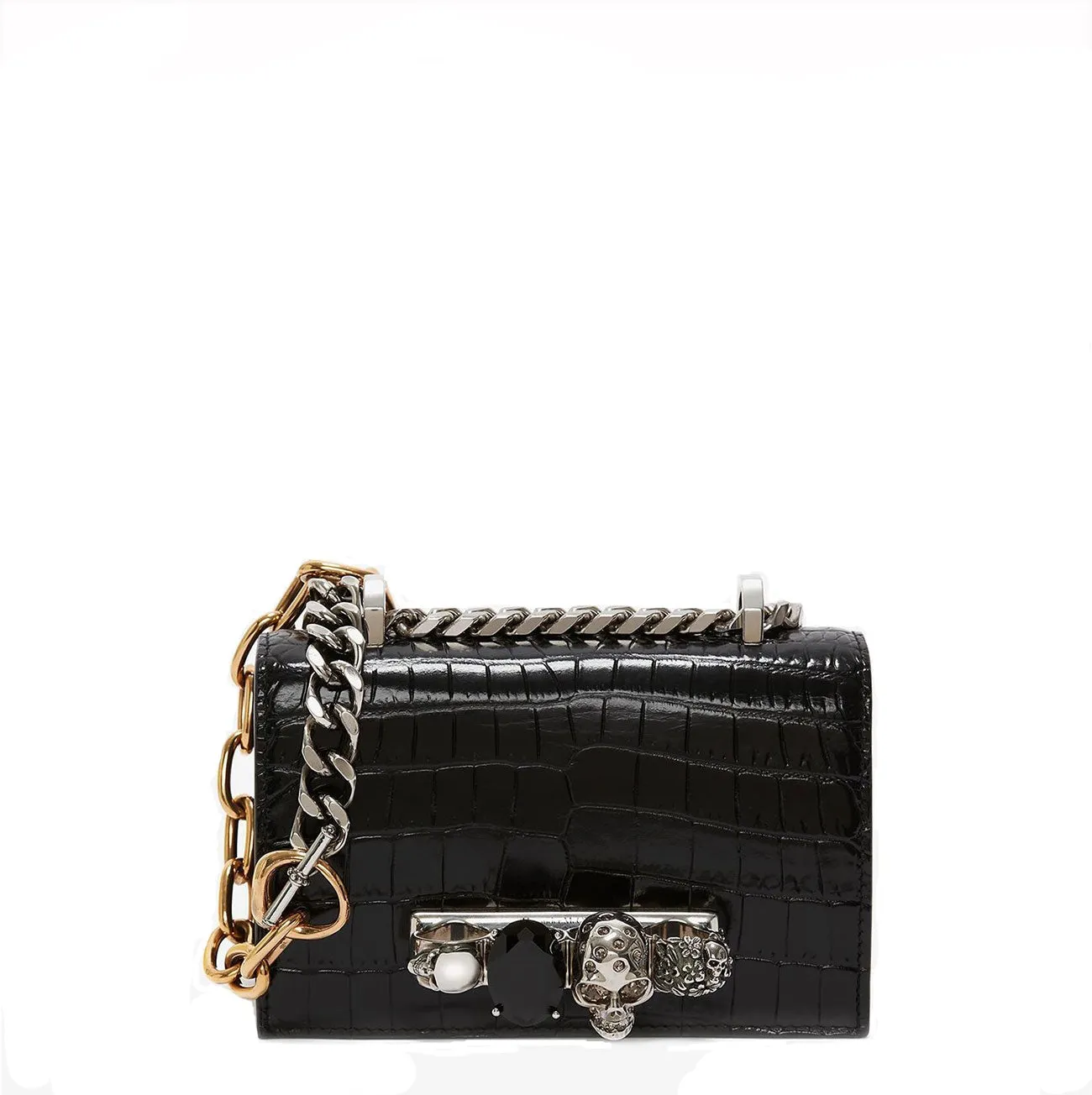 Jewelled Knuckle Satchel Mini, Croc, Black