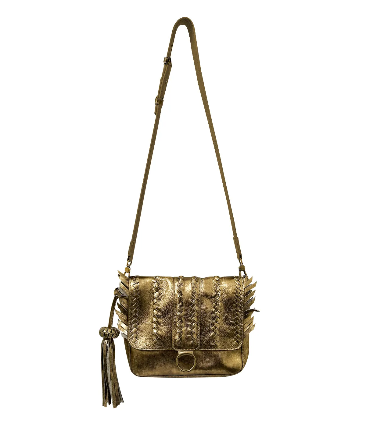 Metallic Gold SENECA Leather Bag with Braids & Frings Details