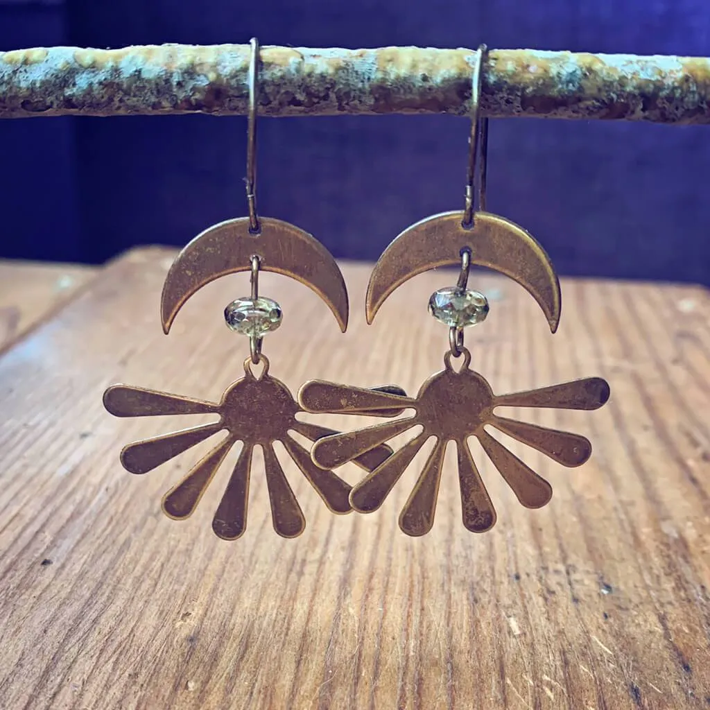 solstice // boho brass sun and crescent moon earrings