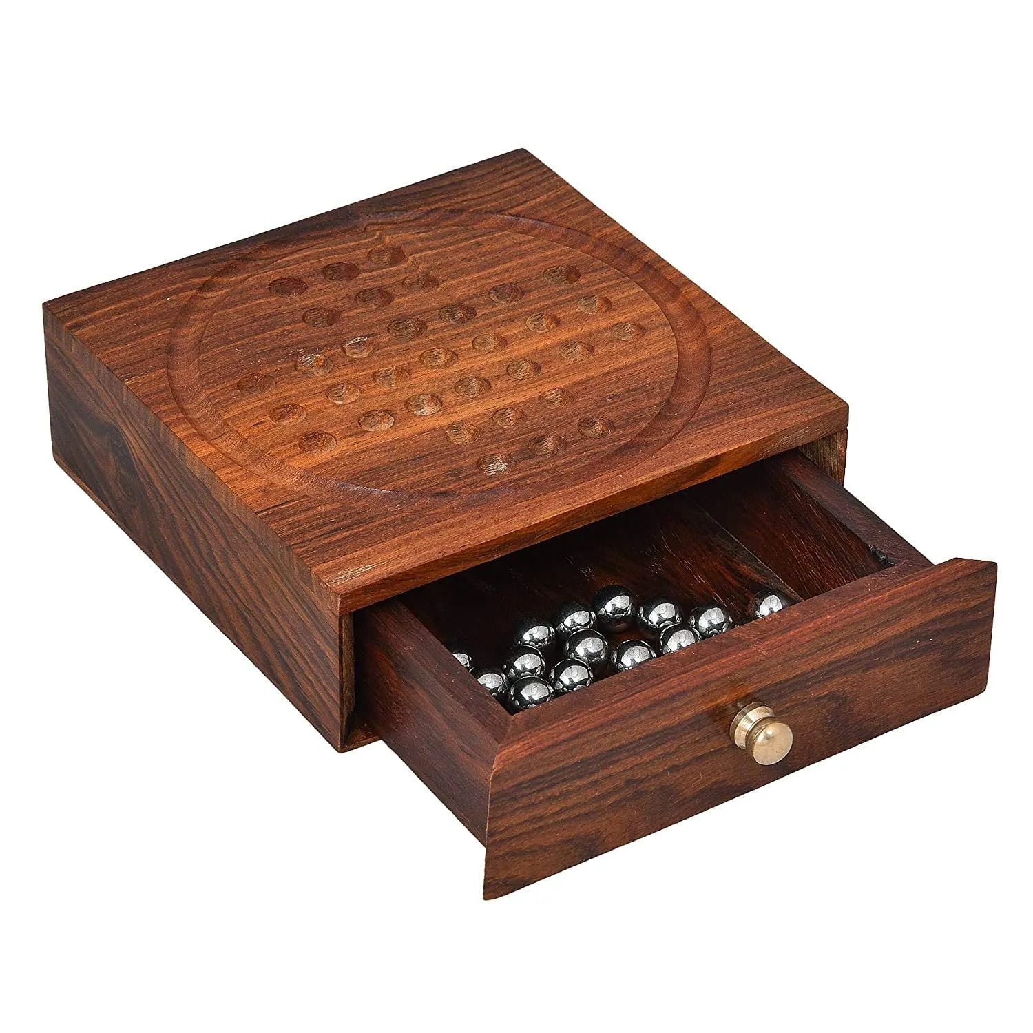 Zyntix Solitaire Board Game Metal Balls Beads with Storage Drawer Wooden Solitaire Wooden Chinese Checker Game Metal bolls Brainvita Unique Game for Child and Adults