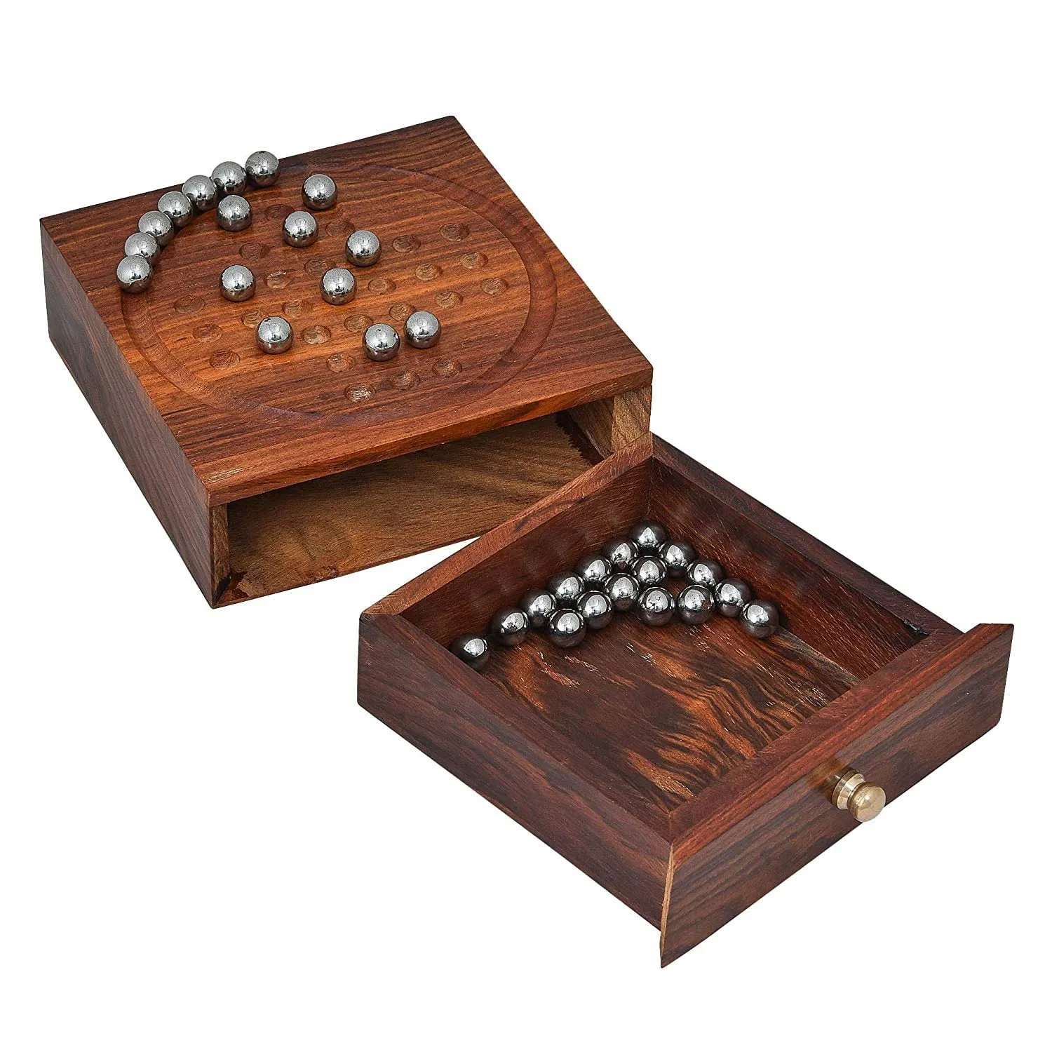 Zyntix Solitaire Board Game Metal Balls Beads with Storage Drawer Wooden Solitaire Wooden Chinese Checker Game Metal bolls Brainvita Unique Game for Child and Adults