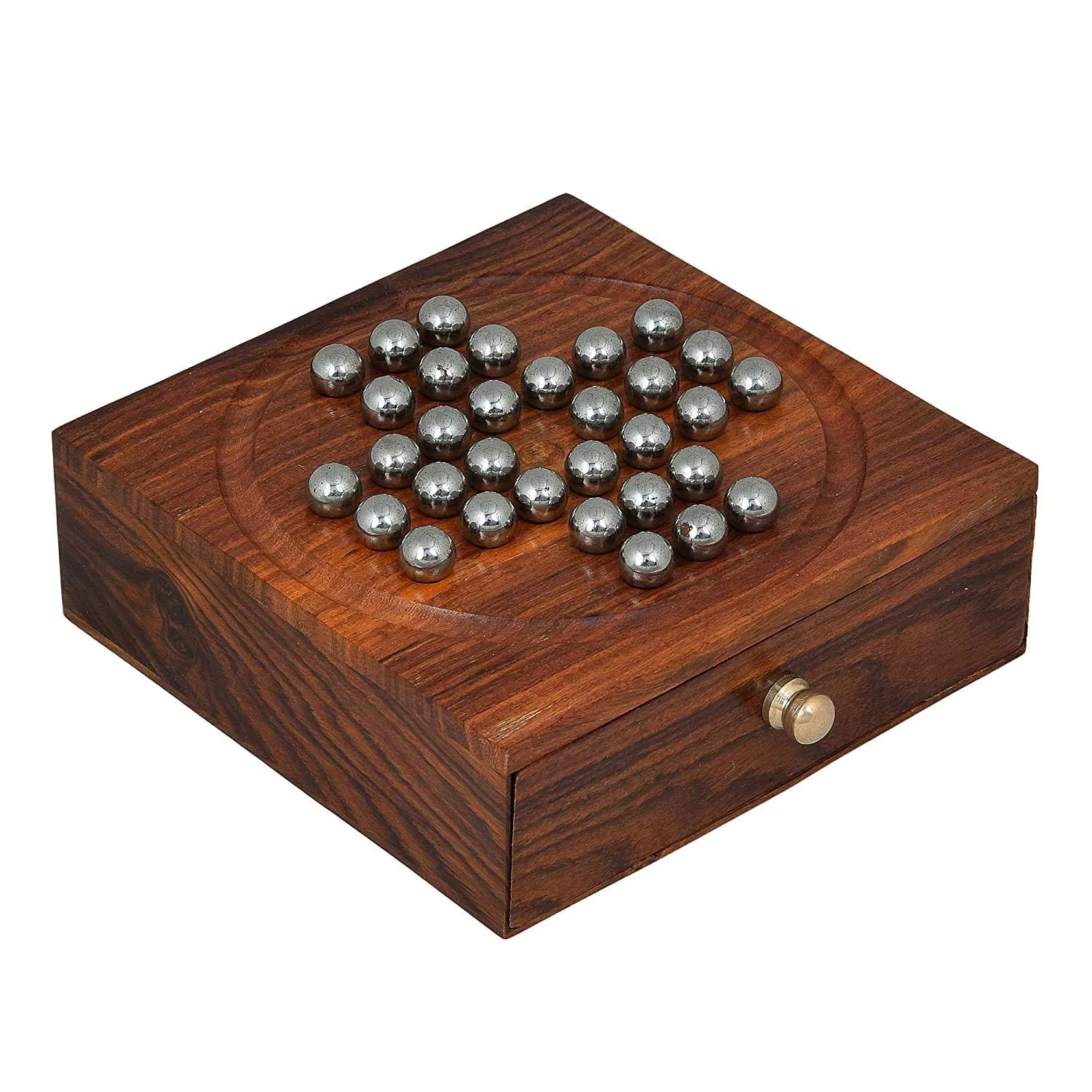 Zyntix Solitaire Board Game Metal Balls Beads with Storage Drawer Wooden Solitaire Wooden Chinese Checker Game Metal bolls Brainvita Unique Game for Child and Adults