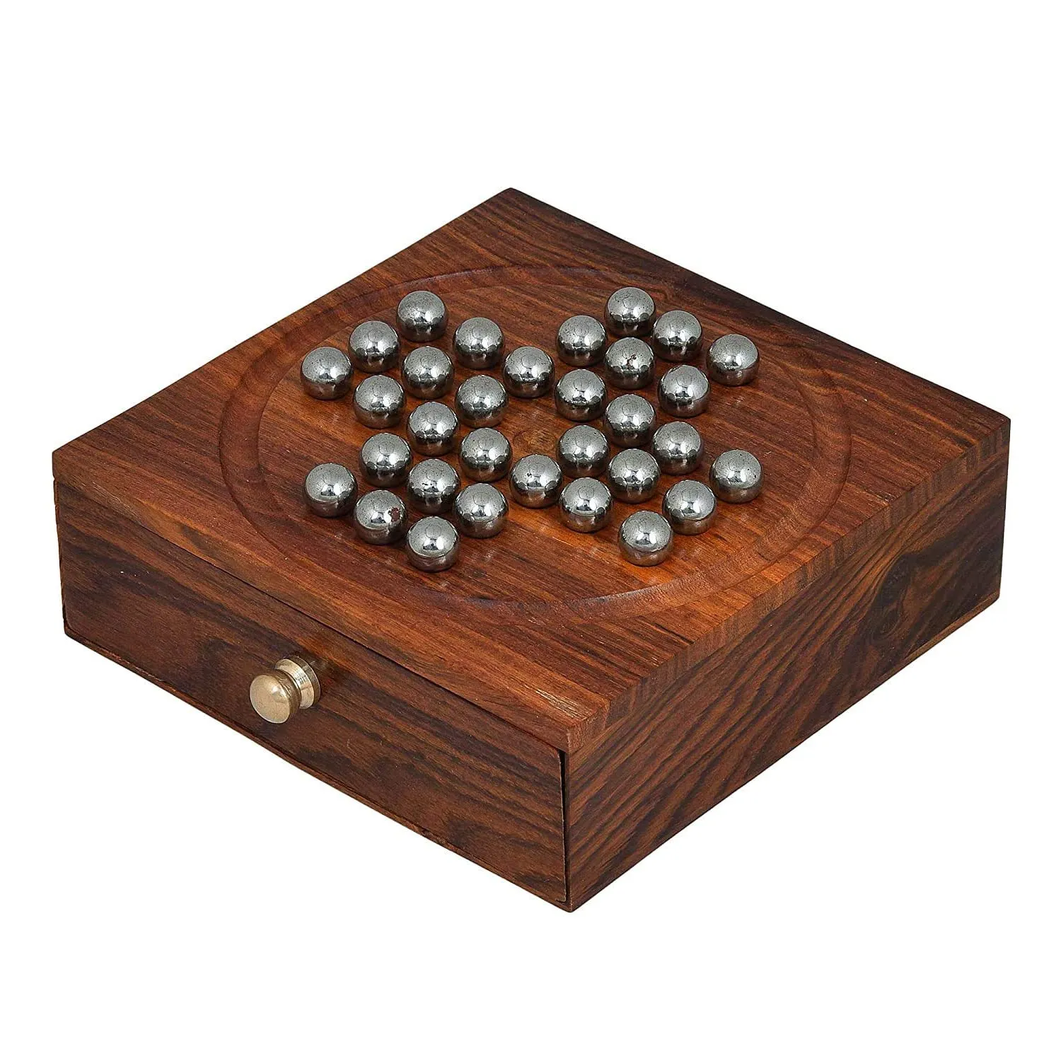 Zyntix Solitaire Board Game Metal Balls Beads with Storage Drawer Wooden Solitaire Wooden Chinese Checker Game Metal bolls Brainvita Unique Game for Child and Adults